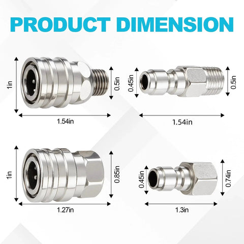 Premium 4 Piece Pressure Washer Quick Connect Fittings Set With One Quarter Inch NPT Female And Male Threads Stainless Steel Dimensions
