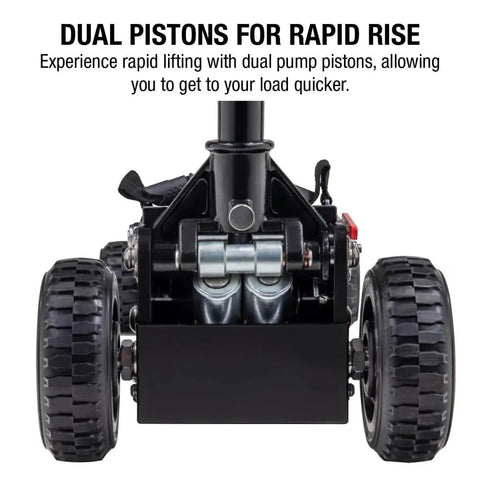 2 Ton Off Road Jack With 28.4 Inches Lift Height, Rapid Rise Mechanism, front view showing dual pistons and wheels