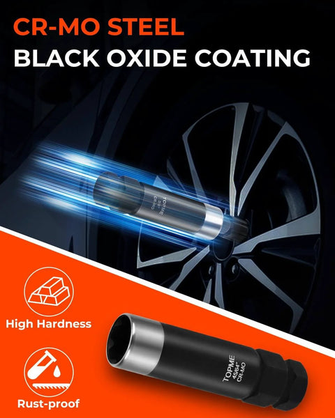 Two Piece Six Spline Lug Nut Socket Set for quick install and easy removal with black oxide coating and CR-MO steel.