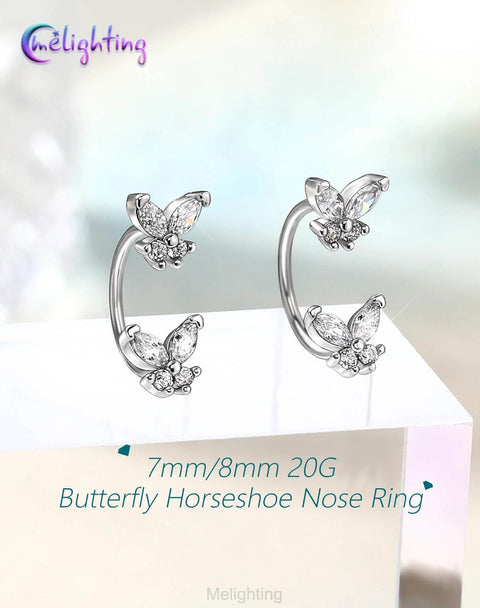 20G Butterfly Horseshoe Nose Ring Hoop With Push Pin Ends Taper Ball Grabber Tool 316L Surgical Steel CZ
