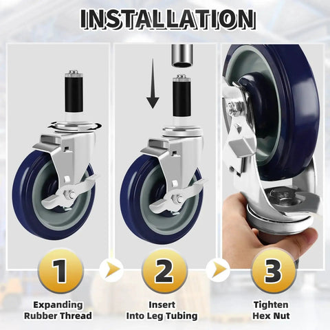 Installation guide for 5 Inch Prep Table Wheels Set Of 4 With Expanding Stem Casters Swivel Fits Seven Eighths Inch to One And Five Eighths Inch Tube Legs.