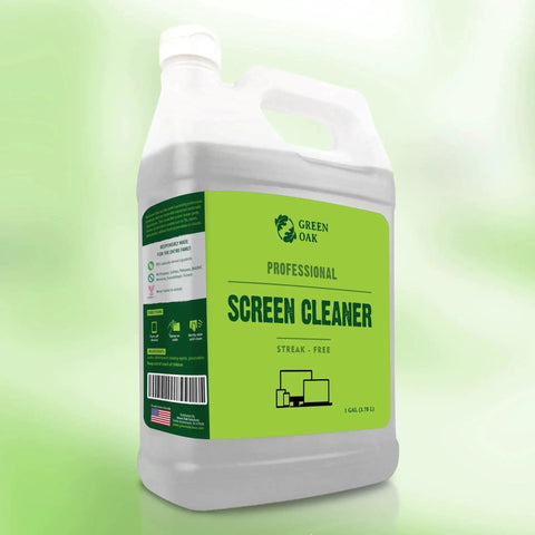 Gallon bottle of Professional Screen Cleaner Refill for LCD LED TVs, Monitors, Tablets, Phones with dispensing tap on green label