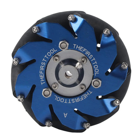 Blue aluminum 4In Mecanum Aluminum Right Wheel With 45 Degree Omnidirectional Drive For Robots TPU rubber rollers.