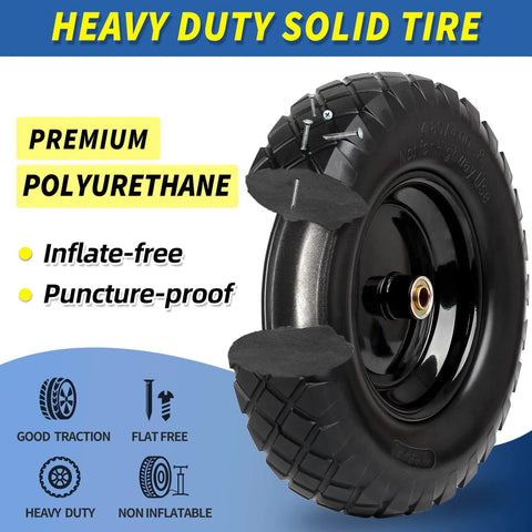 Solid Flat Free Tire And Wheel For Garden Cart 4.80/4.00-8 Inch, 16 Inch Diameter, close-up view of heavy-duty polyurethane tire
