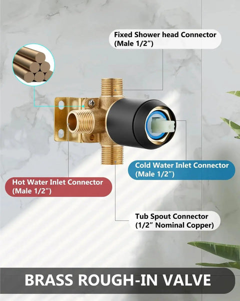 Diagram of brass rough-in valve with labeled hot and cold water connectors and shower head connector for Matte Black Tub Shower Faucet Set With Valve And Shower Head By GBBNE Single Handle Bath Faucet Built From 304 Stainless Steel With Brass Valves For Smooth Operation 2.1 GPM NPT One Half Inch Durable Anti Rust Finish And Easy Install.