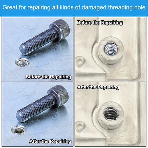 15-piece stainless steel thread repair inserts for M6x1 to M4x0.7; includes bolt, before/after repair on metal panel.