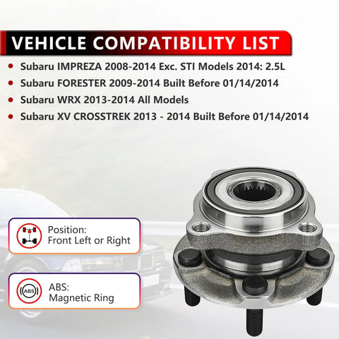 Front Wheel Hub And Bearing Assembly Pair 513303 For Subaru Impreza 2008 2009 2010 2011 2012 2013 2014 Forester 2009 2010 2011 2012 2013 2014 WRX 2013 2014 XV Crosstrek 2013 2014 Replacement Kit Plug And Play Easy Install image showing front view with ABS ring