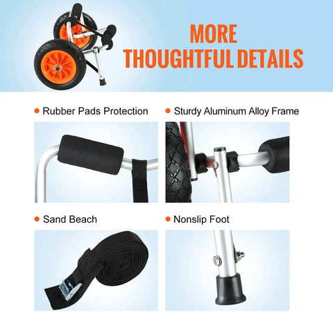 Detailed view of Foldable Aluminum Kayak Cart with 250 lb Load Capacity, highlighting rubber pads, sturdy frame, and nonslip foot.