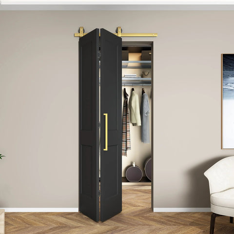 36 Inch By 84 Inch Bi Fold Barn Door Set With Two Panels And Brushed Gold Hardware Space Saving Interior Sliding Door For Closets Pantry Or Laundry Rooms Hollow Core Textured Black Finish Includes Hardware Kit Quiet Smooth Rollers No Brainer Easy Install installed in closet doorway