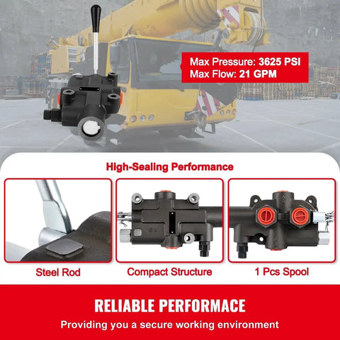 One Spool Hydraulic Directional Control Valve For Tractors And Loader Applications, 21 GPM At 3625 PSI shown in front of construction equipment.