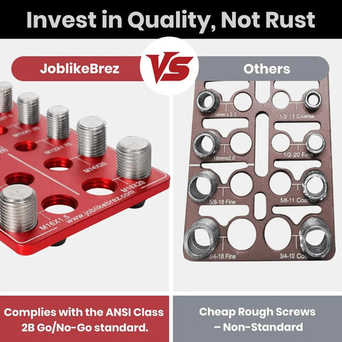 Comparison of Pro DIY Bolt And Nut Thread Checker Kit With 40 Thread Gauges VS non-standard rough screws, on a red board.