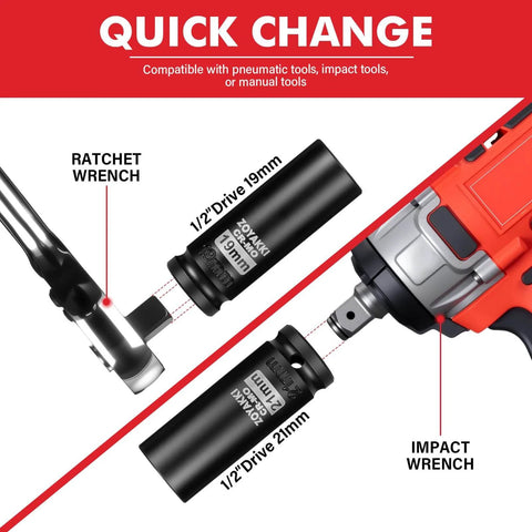 Illustration showing 1/2 Inch Drive Impact Socket Set 4 Piece CR-MO Steel 6-Point Deep Sockets Metric in use with impact wrench