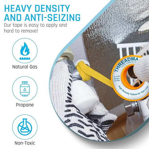 Installing yellow gas pipe thread sealant tape half inch width two hundred sixty inch length for propane and natural gas lines