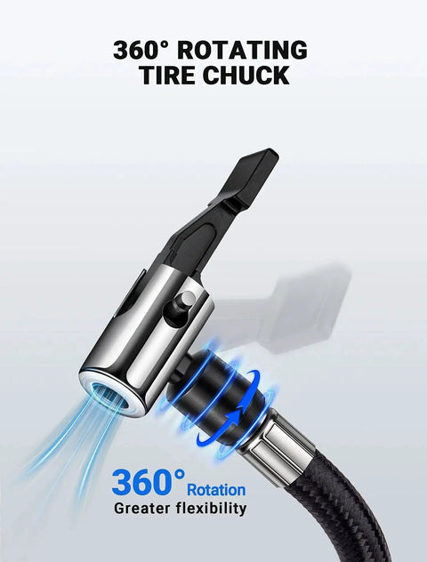 Front view: LUMITECO tire inflator hose adapter with 360° rotating tire chuck; chrome body and braided hose