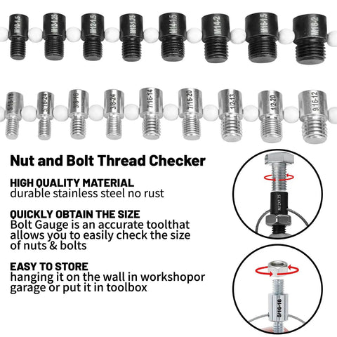 Nut And Bolt Thread Checker Pro Grade Set With 28 Gauges Including 15 Inch SAE And 13 Metric Gauges for quick size verification in stainless steel.
