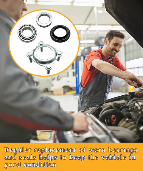 Mechanic installing Rear Axle Bearing And Seal Kit For Jeep Wrangler JK JKU 2007 2008 2009 2010 2011 2012 2013 2014 2015 2016 2017 Replace 68003270AA 83503077 68499023AA Direct Replacement And Ready To Drop In Drivetrain Upgrade with components shown