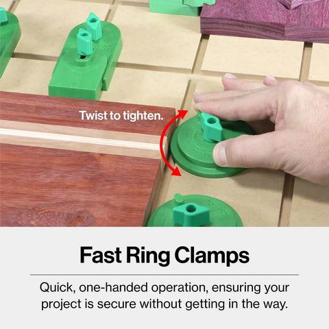 Hand tightening a fast ring clamp from the MatchFit CNC Clamping Kit For Woodworking And Milling, 11 Piece Green Set.