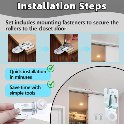 12 Pcs Closet Sliding Door Roller Kit With 24 Screws For Top Hung Bypass Closet And Kitchen Doors installation guide with tools.