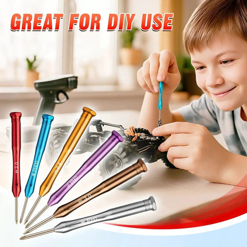 Child using Magnetic Mini Screwdriver Set Six Piece Precision Kit with PH00 PH0 PH1 bits on RC drone for DIY repairs