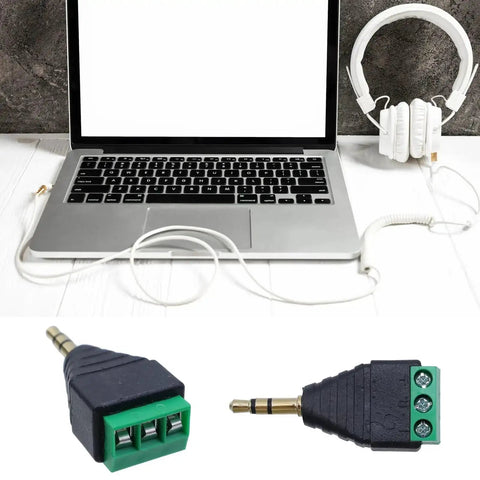 Laptop with headset and Six Pack 3 Point 5mm Stereo Male To AV 3 Screw Terminal Block Balun Connector With Six Female Terminals