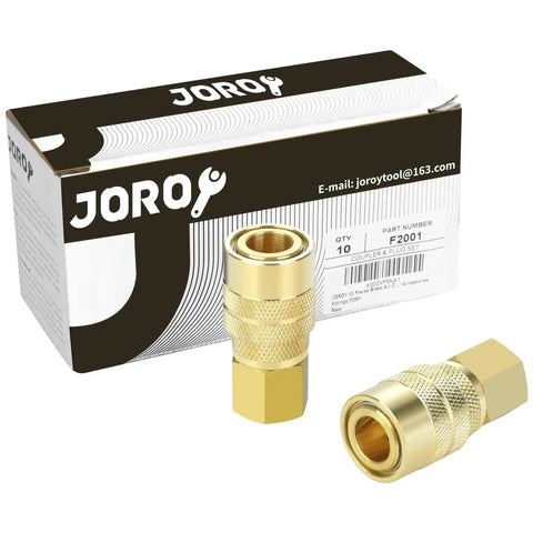 Box and two fittings from Brass Air Hose Fittings One Quarter Inch Body Size M Type Plug NPT Female Threads Ten Piece Air Compressor Coupler Set