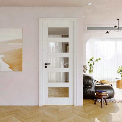 30 Inch By 80 Inch Slab Door With Five Panel Clear Glass Interior French Style, installed in modern living space