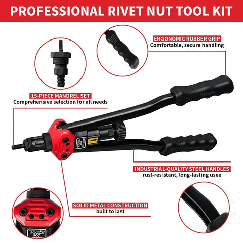 Rivet Nut Tool Kit 16 Inch With 15 Metric And SAE Mandrels, ergonomic grip, steel handles, and tool-free mandrel changes