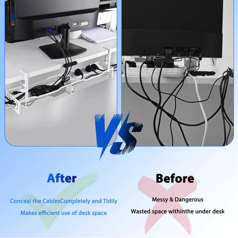 Comparison of desk setup with and without Massive 25 Point 3 Inch Under Desk Cable Management Box Clamp Mounted Cord Organizer Tray For Office And Home White Keeps Power Strips Surge Protectors Chargers And Messy Cables Hidden Tidy And Secure Under Desk Storage