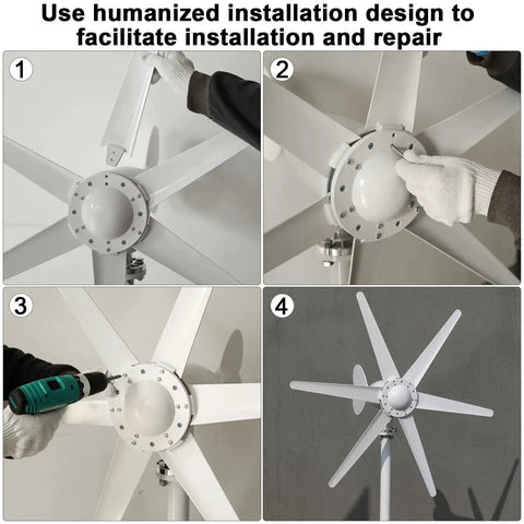 OSKOPWRC 800W wind turbine rotor hub with 6 white blades, front view.
OSKOPWRC 800W wind turbine rotor hub, side view with 6 bolts.
OSKOPWRC 800W wind turbine hub, close-up of bolt tightening on white blades.
OSKOPWRC 800W wind turbine with six white blades mounted on a pole, installed.