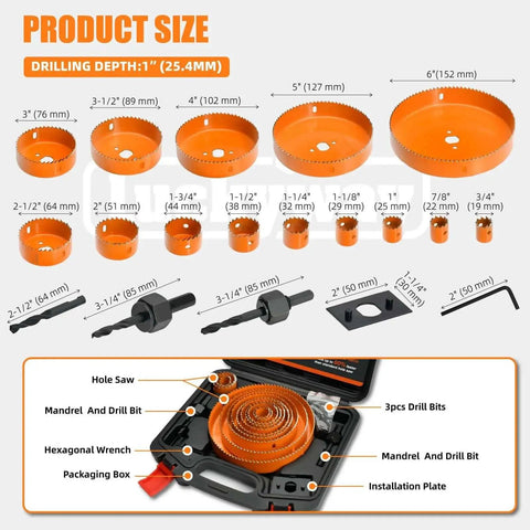 Pro Hole Saw Kit Set With 24 Pieces From Three Quarters Inch To Six Inches For Clean Smooth Cuts In Soft Wood Plywood Drywall And PVC Double Ground Teeth For Faster Drilling And Less Grab Heavy Duty Build Great For DIY Or Pros Luckyway, showing various saw sizes and accessories.
