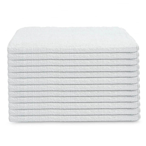 White Cotton Shop Towels Value Pack 60 Pcs 13x13 Inch Shop Rags stacked, suitable for auto shops, industry, and commercial cleaning.