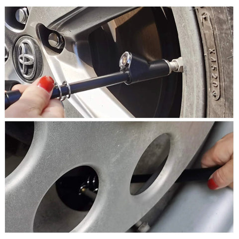 GODESON dual-head pencil tire gauge inserted on a car tire valve; blue metal body
GODESON dual-head pencil tire gauge in hand near wheel rim during tire pressure check