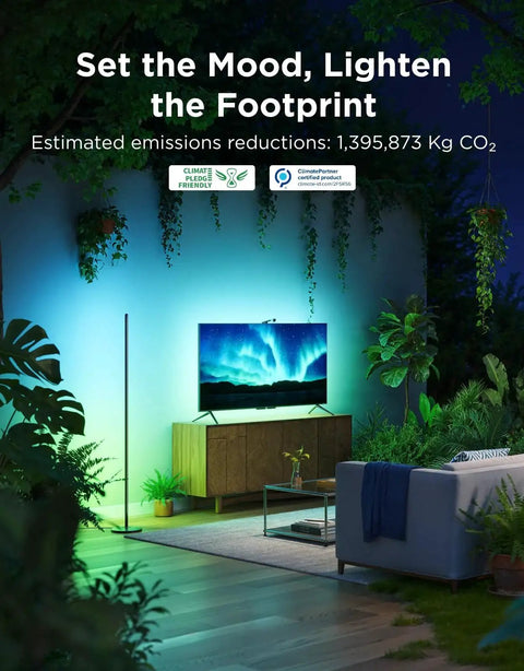 RGBIC Floor Lamp 1000lm With Music Sync And 16 Million Colors SmartThings Matter next to a TV in a living room setting.