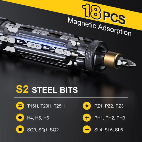 19-In-1 Magnetic Screwdriver Set With S2 Steel Bits for DIY Handyman and EDC Multitool, showcasing 18 S2 steel bits close-up.
