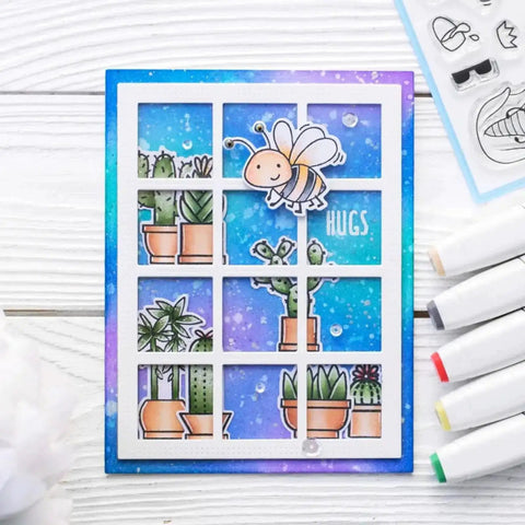 Colorful card made with Two Sets Dotted Square Frame Dies For Card Making, featuring scallop honeycomb cover and potted plants design.