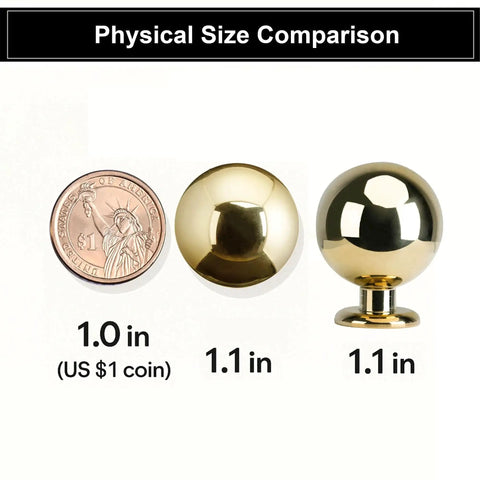 Unlacquered Brass Cabinet Knobs Five Pack Round Ball Knobs For Dresser Drawers size comparison with US coin, 1.1 inch diameter