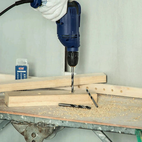 Thirteen Piece Brad Point Wood Drill Bit Set Crafted In Carbon Steel For Hardwood Plywood And Plastic in use with drill