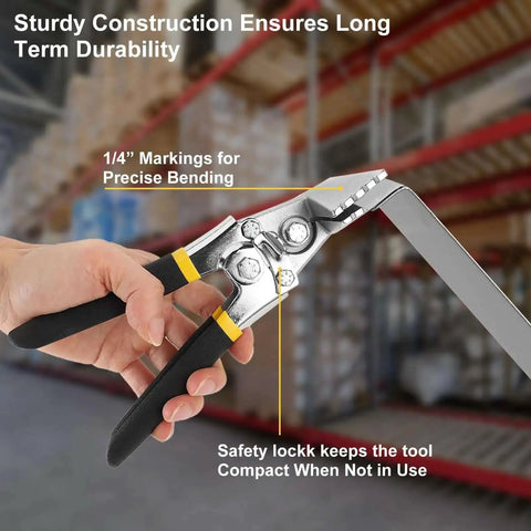 3 Inch Hand Seamer Sheet Metal Tool with Offset Handles, shown with 1/4" markings for precise bending and sturdy construction in a warehouse.