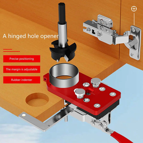 Stainless Steel 35mm Cup Hinge Drill Guide Jigs with Ball Bearing Guide positioned on wooden cabinet for precise assembly.