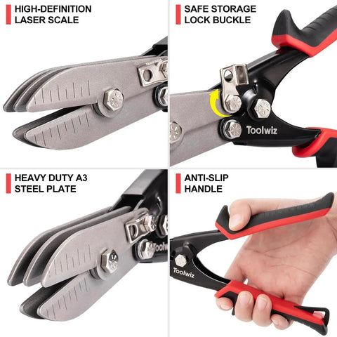 Five Blade Sheet Metal Tools Toolwiz Duct Crimping Tool For 24 To 26 Gauge Downspout And Stove Pipe In Stainless Steel Ventilation Duct Systems HVAC 10 1 2 Inch Crimper With Multi Blade For Precise Secure Duct Connections focusing on handle and blades