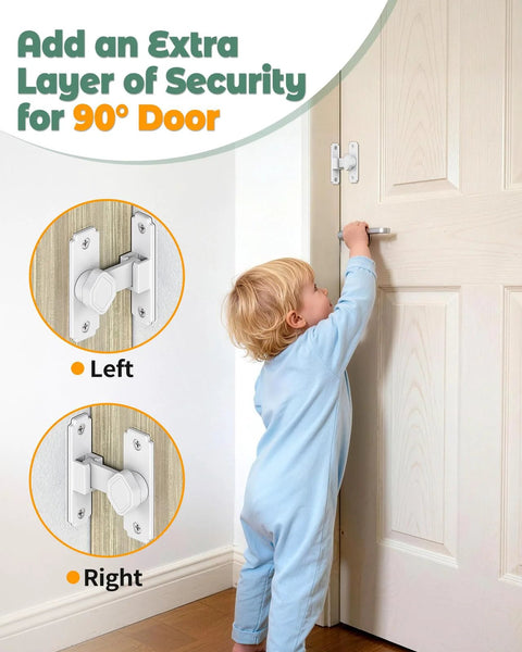 Child demonstrating 90 Degree Barn Door Lock Latch For Cabinets And Sliding Doors Right Angle Lock For Bathrooms Barns Sheds And Garden Windows Aluminum Alloy Safety Privacy Hardware White 1 Pack installed on door.