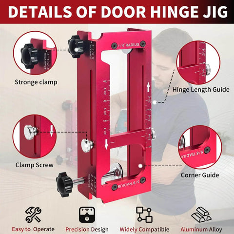 Durable Aluminum Door Hinge Jig Router Template Kit With Adjustable Mortise From Guhiwuk Fits From Two And A Half Inches To Five Inches In Length And Thickness, Includes Quarter Radius, Five Eighths Radius And Square Corner Types For Hinge Mortises, shown with features labeled.