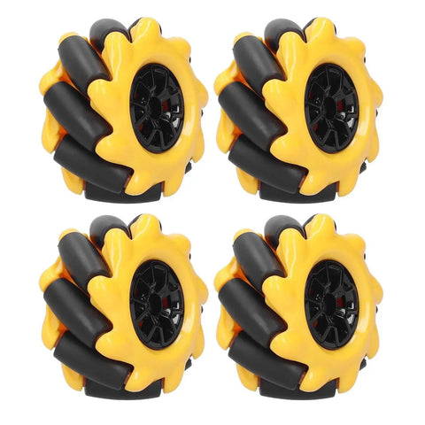 Mecanum Wheel Set for DIY Robots Omni Directional Rubber Coated ABS 48mm Wheels in Yellow and Black Finish, four wheels shown