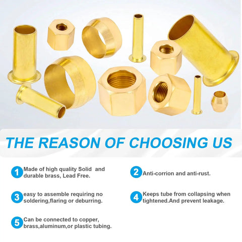 Brass 1/4 Inch OD Compression Insert Sleeve Ferrule And Nut Kit 75 Piece Set for Air and Water Lines, durable corrosion-resistant brass.