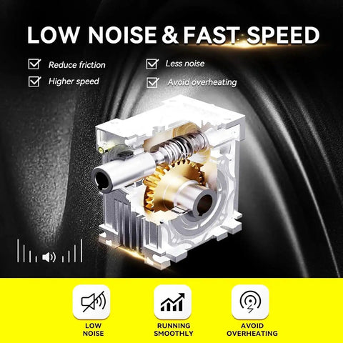 Illustration of NMRV030 Worm Gearbox Square Type Speed Reducer for NEMA23 motors, showing low noise and fast speed benefits.