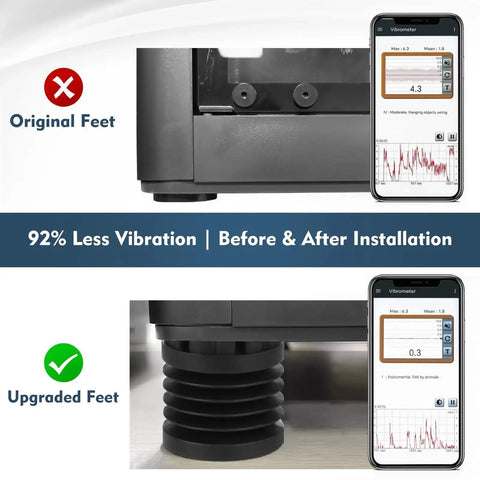 Comparison of original feet and 4 Pack Game Changing Anti Vibration Feet for X1 X1C P1P P1S Printers showing vibration reduction