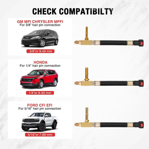 Fuel Pressure Tester Kit 0-100 PSI With Quick Connects 1/4 3/8 5/16 Fittings compatibility chart showing vehicles and dimensions.