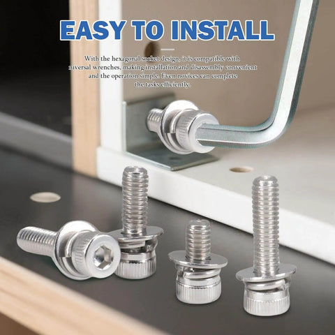 460 Piece Stainless Steel Bolt And Nut Kit With Washers For Metric Hardware M4 To M8 Includes Nuts Bolts Lock Washers Flat Washers Fully Threaded Machine Screws Premium 304 Stainless Steel For DIY Friendly Home Projects, hex socket bolts close up with installation example