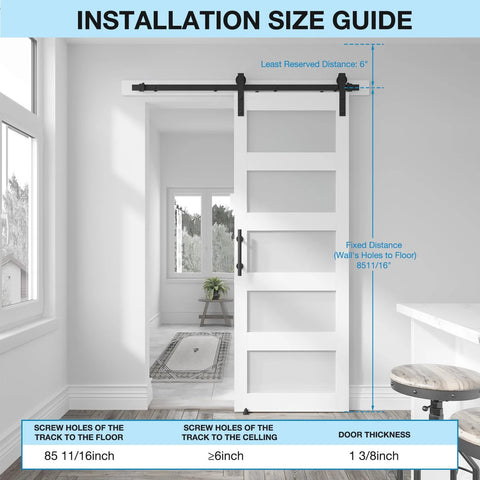 Five Panel Sliding Glass Barn Door Kit With Five Foot Hardware, Waterproof MDF And Frosted Glass Installed in Interior