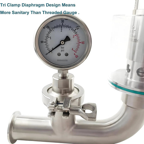 Geife 1.5 in tri-clamp spunding valve with diaphragm gauge, SS304 stainless steel, adjustable 0.2-2.2 bar/psi